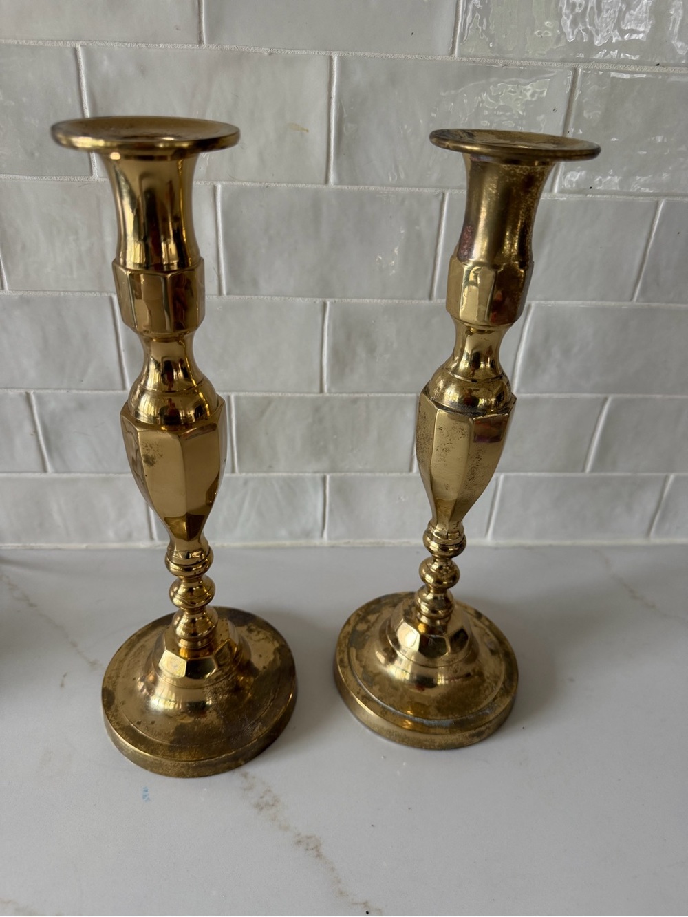 Set of 2 Gold Vintage Polished Metal Candlestick Holders Traditional 12" Taper